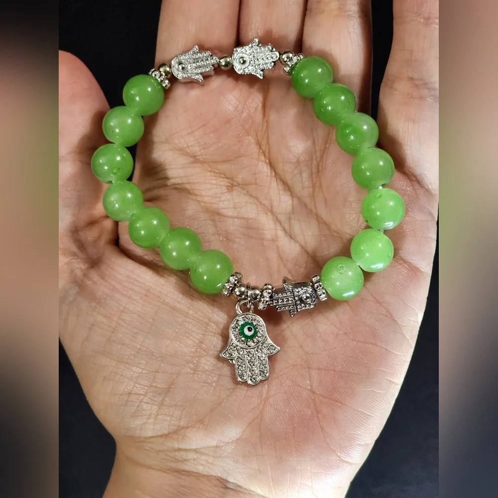 Neon Green Glass Beaded Hamsa Stretch Bracelet